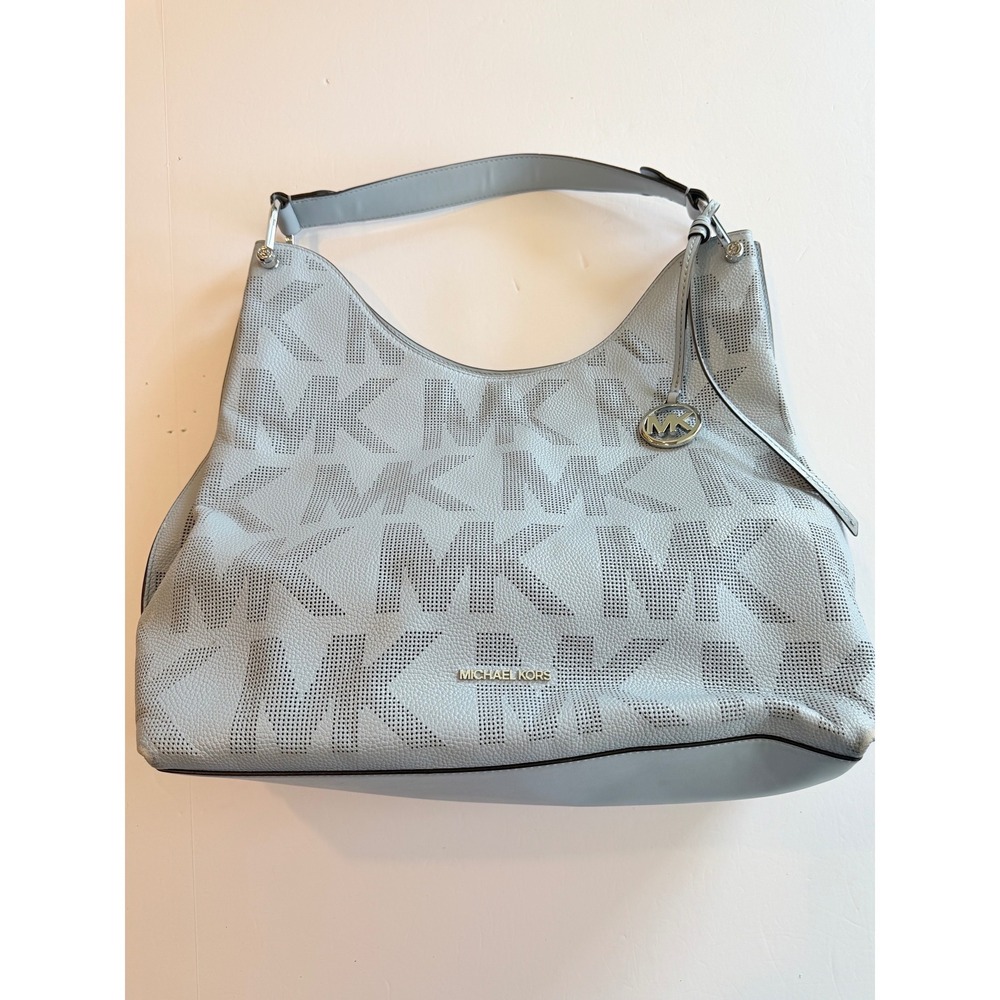 Michael Kors Light Blue Perforated MK Logo Pebbled Leather Hobo Shoulder Bag